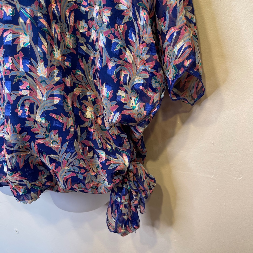 Sia Sia NY VTG Mesh Overlay Check Print Metallic Threading Side Tie Knot Blouse - Picture 11 of 17